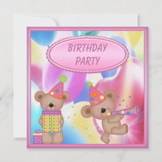 Cute Girly Teddy Bears Birthday Party Kaart (Voorkant)