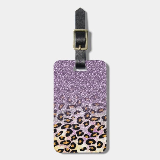 Cute girly trendy paarse faux glitter leopard bagagelabel (Voorkant verticaal)
