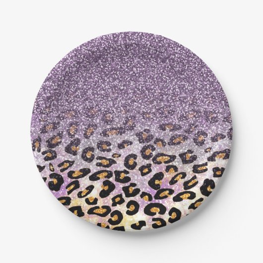 Cute girly trendy paarse faux glitter leopard papieren bordje (Voorkant)