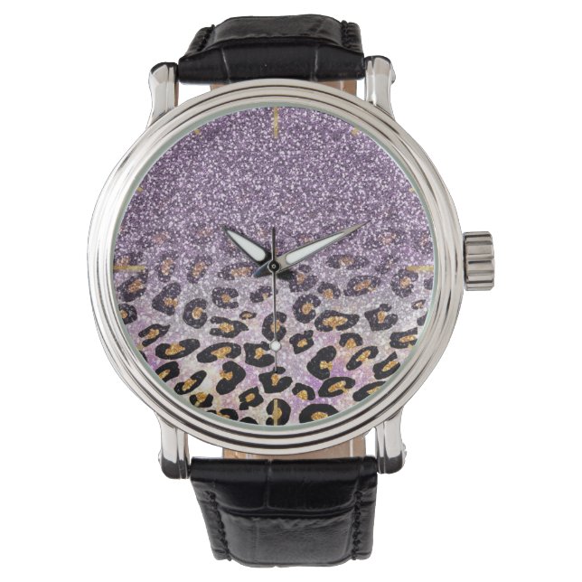 Cute girly trendy purple faux glitter leopard horloge (Voorkant)
