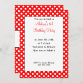 Cute Girly Trendy Red White polka dots Bday Invite Kaart (Voorkant / Achterkant)
