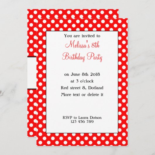 Cute Girly Trendy Red White polka dots Bday Invite Kaart (Voorkant / Achterkant)