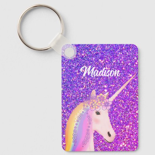 Cute Girly Unicorn Paars Glitter Personalized Sleutelhanger (Voorkant)