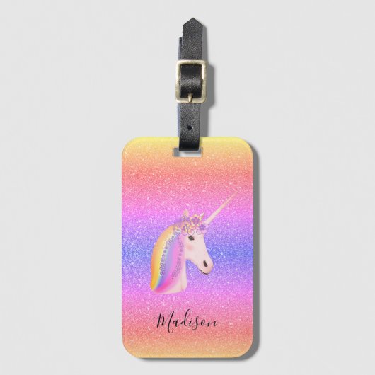 Cute Girly Unicorn Rainbow Glitter Personalized Bagagelabel (Voorkant (verticaal))