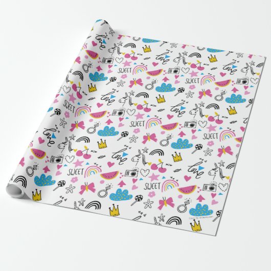 Cute Girly Unicorn Rainbow Hearts Whimsical Cadeaupapier (Uitgerold)