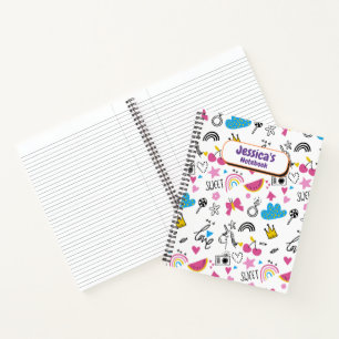 Cute Girly Unicorn Stars Rainbow Fun Voornaam nr. Notitieboek