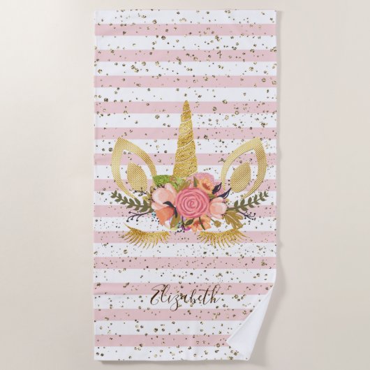 Cute Girly Unicorn, Striped - Personalized Strandlaken (Voorkant)