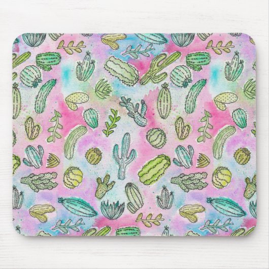 Cute Girly Waterverf Paint Summer Cactus Pattern Muismat (Voorkant)