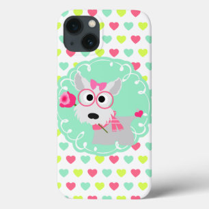 Cute Girly Westie Puppy Pink Mint Hearts Patroon iPhone 13 Hoesje