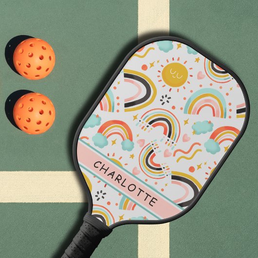 Cute Girly Whimsical Colorful Rainbow Heart Name Pickleball Paddle