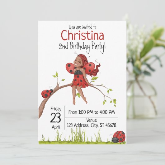Cute Girly Whimsical Lady Bug 2e verjaardag Kaart (Staand voorkant)