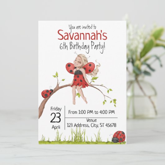 Cute Girly Whimsical Lady Bug 6th Birthday Kaart (Staand voorkant)