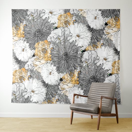 Cute Girly Yellow & Gray Floral Illustration Wandkleed (In Situ (horizontaal))