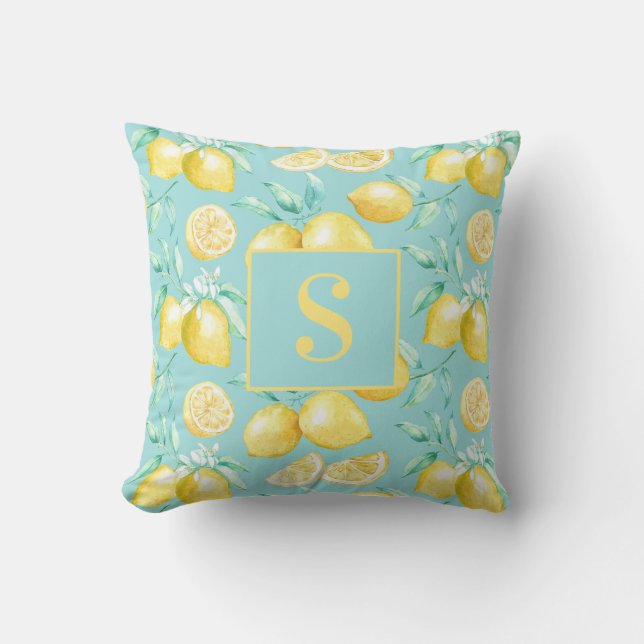 Cute Girly Yellow Lemon Pattern Blue Monogram Buitenkussen (Voorkant)
