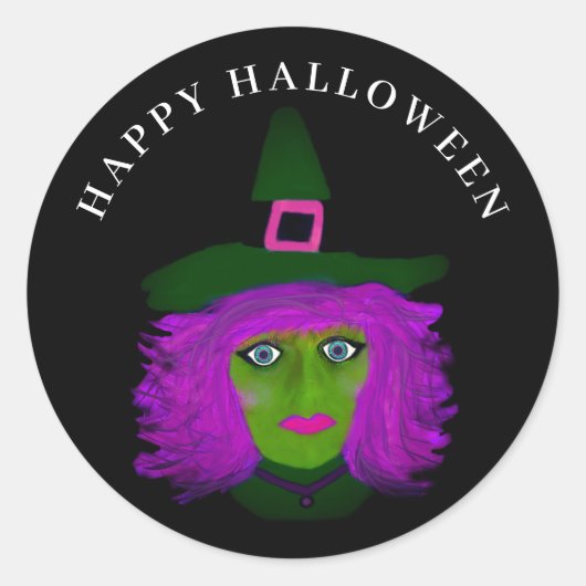 Cute Glam Halloween Witch Black Paars Ronde Sticker (Voorkant)