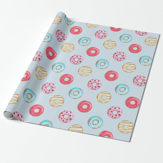 Cute Glazed Doughnut Pattern Light Blue Cadeaupapier (Uitgerold)