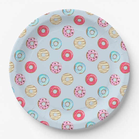Cute Glazed Doughnut Pattern Light Blue Papieren Bordje (Voorkant)