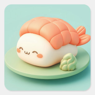 Cute Glimlachende Garnaal Sushi en Wasabi Vierkante Sticker