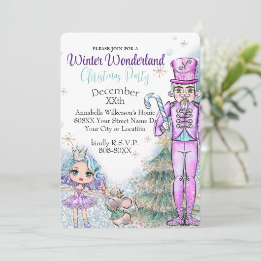 Cute Glitter Doll Nutcracker Kerstparty Kaart (Staand voorkant)