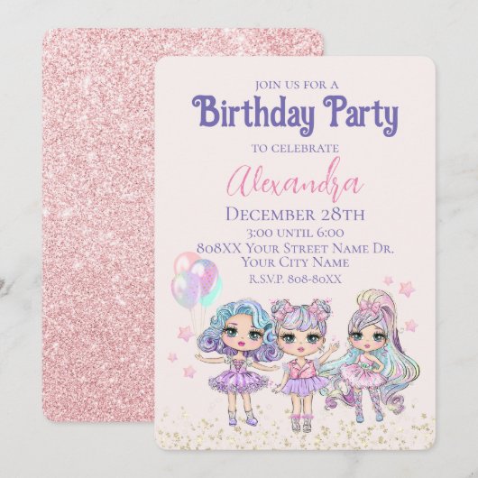Cute Glitter Dolls Girl's Birthday Party Kaart (Voorkant / Achterkant)