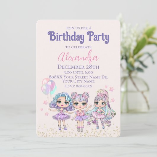 Cute Glitter Dolls Girl's Birthday Party Kaart (Staand voorkant)