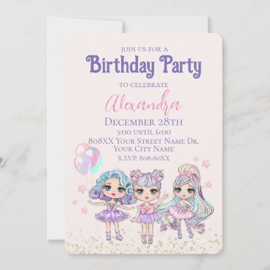 Cute Glitter Dolls Girl's Birthday Party Kaart (Voorkant)