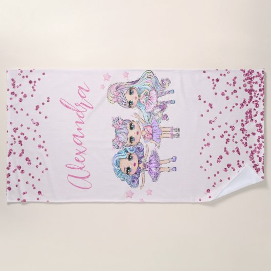 Cute Glitter Dolls Girl's Name on Pink Strandlaken (Voorkant)