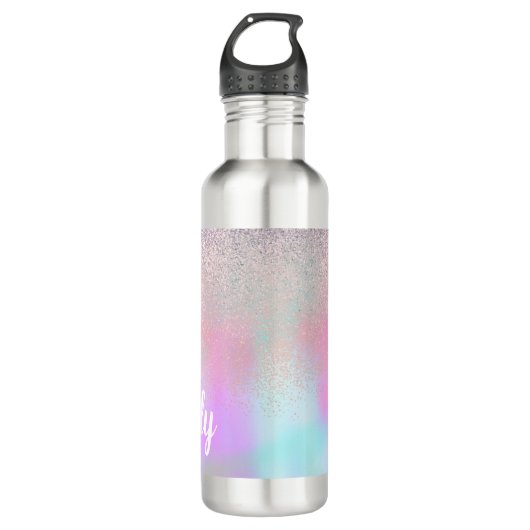 Cute Glitter en Sparkles Faux Hologram Waterfles (Voorkant)