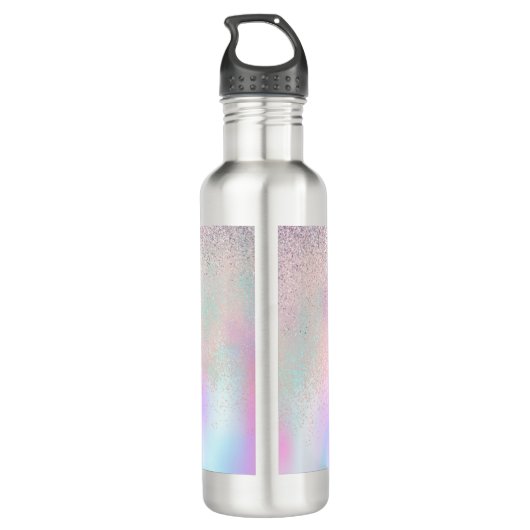 Cute Glitter en Sparkles Faux Hologram Waterfles (Achterkant)