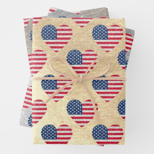 Cute Glitter Hearts Patriotic American USA Flag Inpakpapier Vel (In situ)