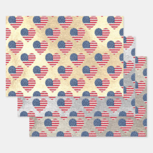 Cute Glitter Hearts Patriotic American USA Flag Inpakpapier Vel
