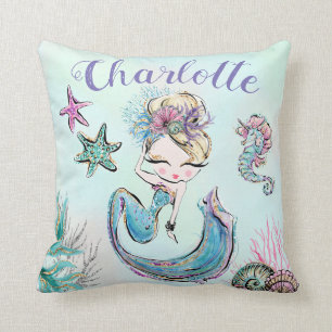 Cute Glitter Mermaid met Blonde Hair Custom Name Kussen
