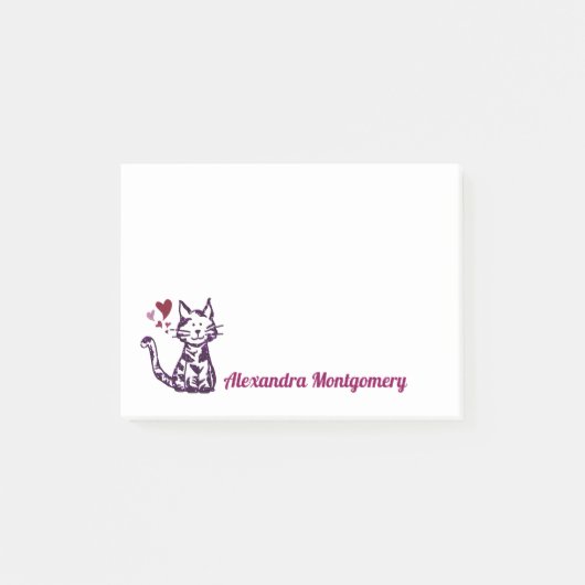Cute Glitter Paarse Kat Roze en Rode Harten Post-it® Notes (Voorkant)