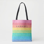 Cute Glitter Rainbow Stripes Colorful Pattern Name Tote Bag (Voorkant)