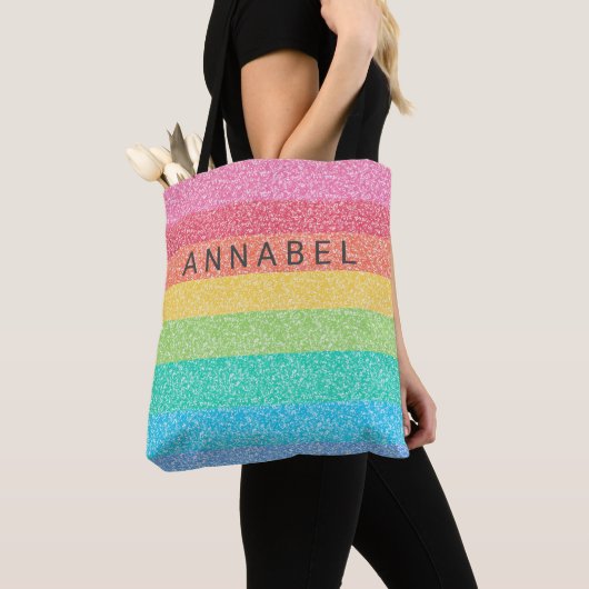 Cute Glitter Rainbow Stripes Colorful Pattern Name Tote Bag (Dichtbij)