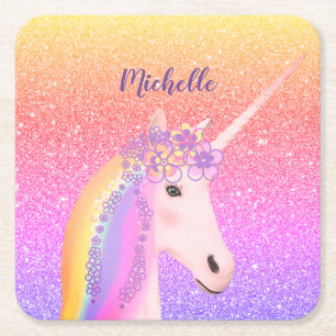 Cute Glitter Rainbow Unicorn Fantasy Personalized Kartonnen Onderzetters