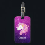 Cute Glitter Unicorn Bagagelabel<br><div class="desc">Een schattige roze en paarse glitter eenhoorn gezicht koelbox. Leuk voor een meisje dat van eenhoorns houdt. Personaliseer het met je meisjesnaam. Ontworpen voor u door Blackberry Boulevard.</div>