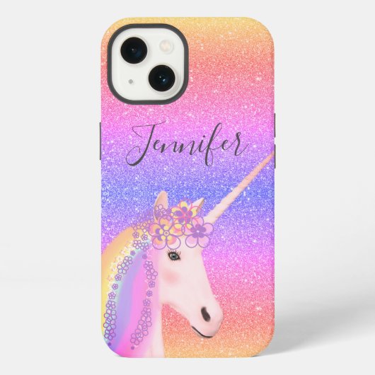 Cute Glitter Unicorn Rainbow Kinder Personalized iPhone Hoesje (Achterkant)