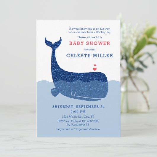 Cute Glitter Whale Baby shower Invitation Kaart (Staand voorkant)