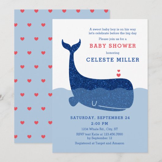 Cute Glitter Whale Baby shower Invitation Kaart (Voorkant / Achterkant)