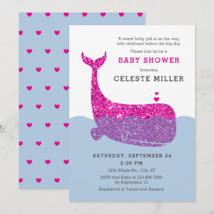 Cute Glitter Whale Baby shower Invitation Kaart