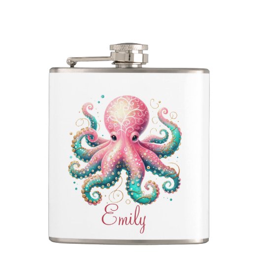 Cute Glittery Octopus Herenmonogram Heupfles (Voorkant)