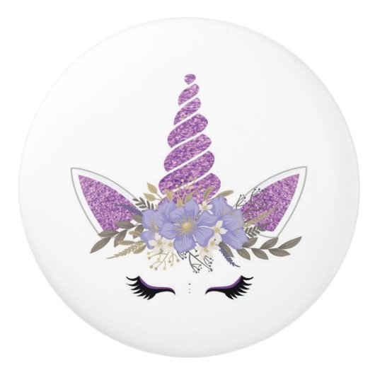 Cute Glittery Purple Unicorn Face Girls oom Decor Keramische Knop (Voorkant)