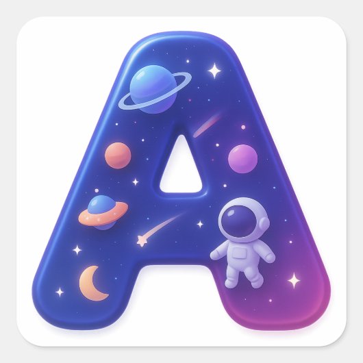 Cute Glossy Space Alphabet Letter A – Galaxy Theme Vierkante Sticker (Voorkant)
