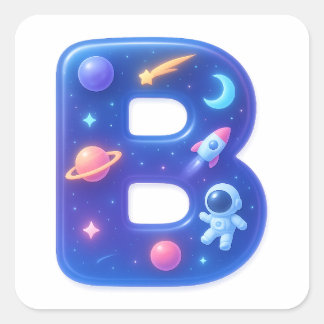 Cute Glossy Space Alphabet Letter B – Galaxy Theme Vierkante Sticker