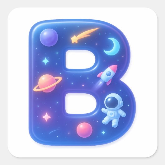 Cute Glossy Space Alphabet Letter B – Galaxy Theme Vierkante Sticker (Voorkant)