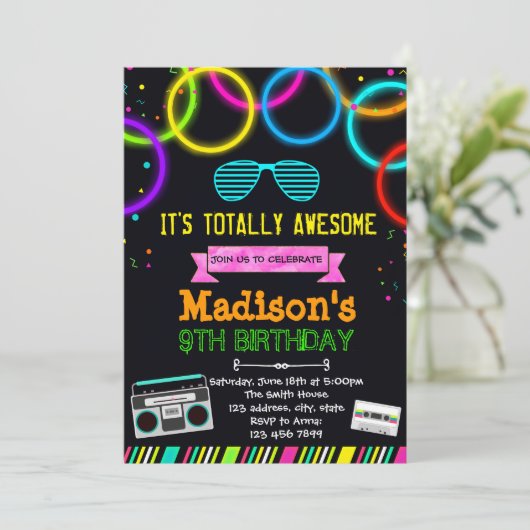 Cute glow 80s party call kaart (Staand voorkant)