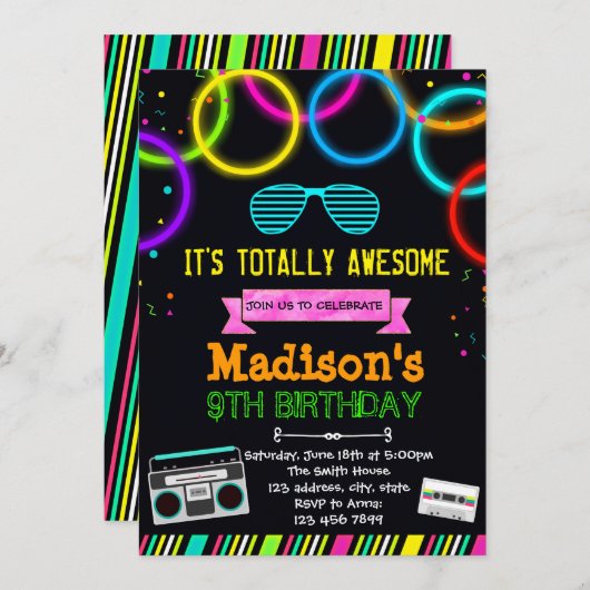 Cute glow 80s party call kaart (Voorkant / Achterkant)