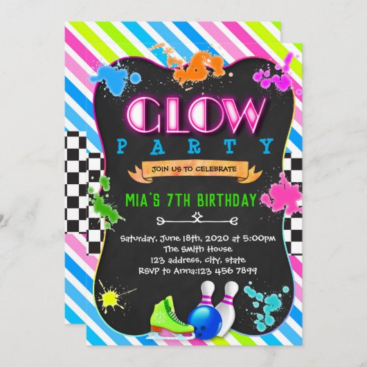 Cute glow party verjaardaguitnodiging kaart (Voorkant / Achterkant)