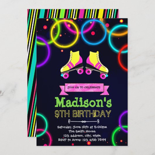 Cute glow roller schaats party-uitnodiging kaart (Voorkant / Achterkant)